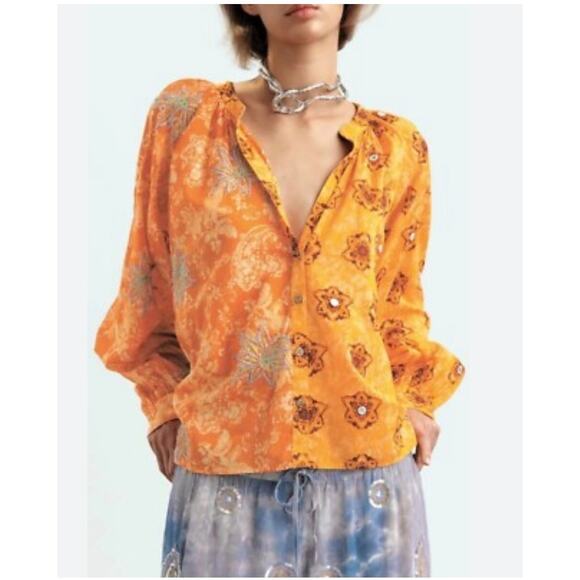 Zara Tops - Zara Indian Block Print Cotton Split Neck Embroidered Top Burnt Orange L